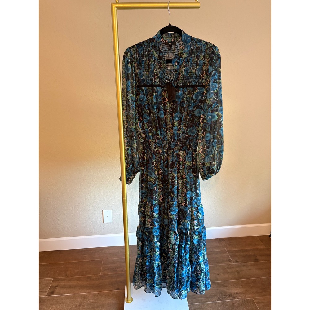 AQUA Maxi Dress Floral Smocked Maxi Long Sleeve L‎ Dark Cottagecore Boho Wedding